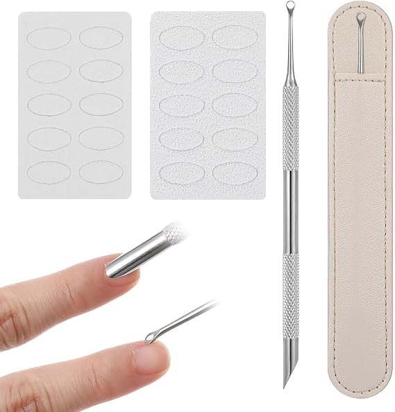 Cuticle Remover Tool,Dual Ended Nail Cuticle Pusher with Beveled & Loop Head Nail Scraper for Salons Or Home Use(1Remover +2Sandpapers+1Leather Case)