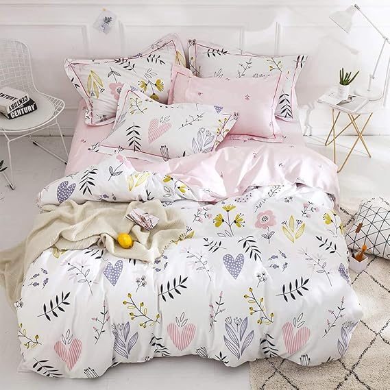 BuLuTu Floral Love Print Girls Duvet Cover Full Size White/Pink Cotton Premium Blossom Kawaii Reversible Kids Bedroom Comforter Cover Bedding Sets for Toddler,Teen,Breathable,Lightweight,Zipper