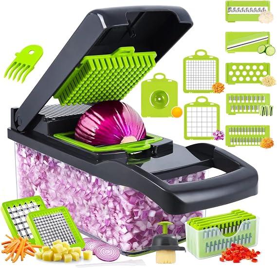 Vegetable Chopper,15-in-1 Multifunctional veggie chopper,Slicer, Dicer & Cutter for Kitchen–Food Processor with Container for Onion, Tomato,Potato, Fruits–Easy Clean & Storage (7 Blade)