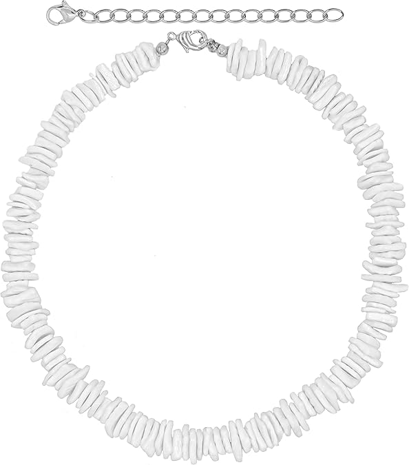 Fablinks White Puka Shell Necklace, Hawaiian Seashell Necklace for Men, VSCO Girl Beach Necklaces for Women, Beachy Beaded Summer Pooka Choker, Heishi Clam Chips Surfer Jewelry