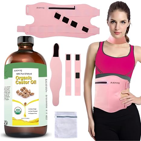 100% Pure Organic Castor Oil Cold-Pressed Hexane-Free (16.9oz / 500ml) + Adjustable Flannel Cotton Castor Oil Wrap Pack