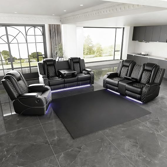 Power Leather Recliner Sofa Set with LED Light for Living Room Furniture,Leather Couch Set for Reclining Sofa with Drop-Down Table/Loveseat with Storage Console/Single Chair (Black,3+2+1)