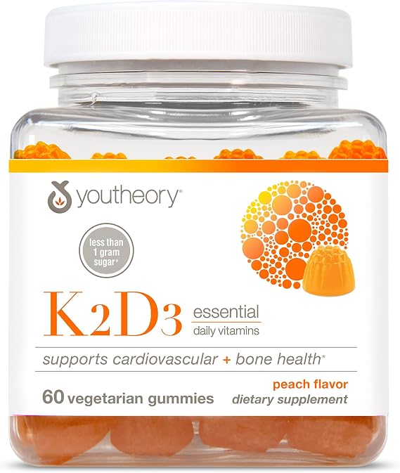 Youtheory K2D3 Zero Sugar Gummy, Peach Flavor, 60 Vegetarian Gummies | Bone and Heart Health Support*, Combines Vitamin D3 and Vitamin K2, Dairy, Soy, and Gluten-Free, Third-Party Tested