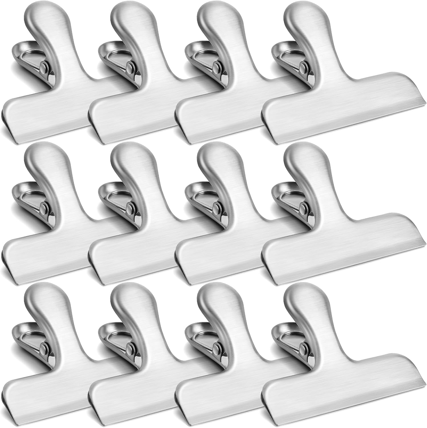 Chip Clips - 3 Inch Wide Stainless Steel Snack Clips, Heavy Duty Food Clamps, Air Tight Seal, Grip Bag Chip Clamps, Pack of 12, Silver