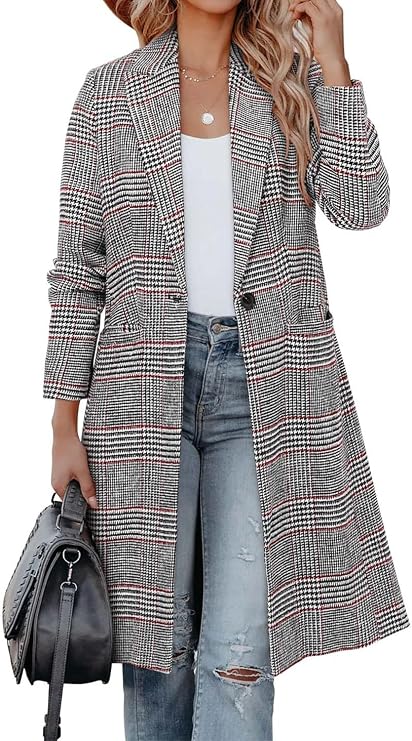 CHICZONE Womens Notch Lapel Wool Blend Pea Coat Single Breasted Long Plaid Jacket Winter Houndstooth Coat 3XL