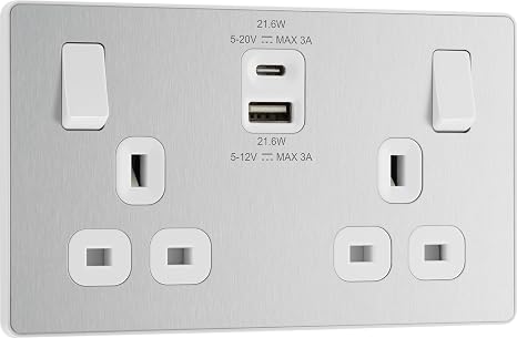 BG Electrical 22W Double Switched Power Wall Plug Socket with Fast Charge Type A and Type C USB Charging Ports, Evolve, Brushed Steel, 13A, PCDBS22UAC22W