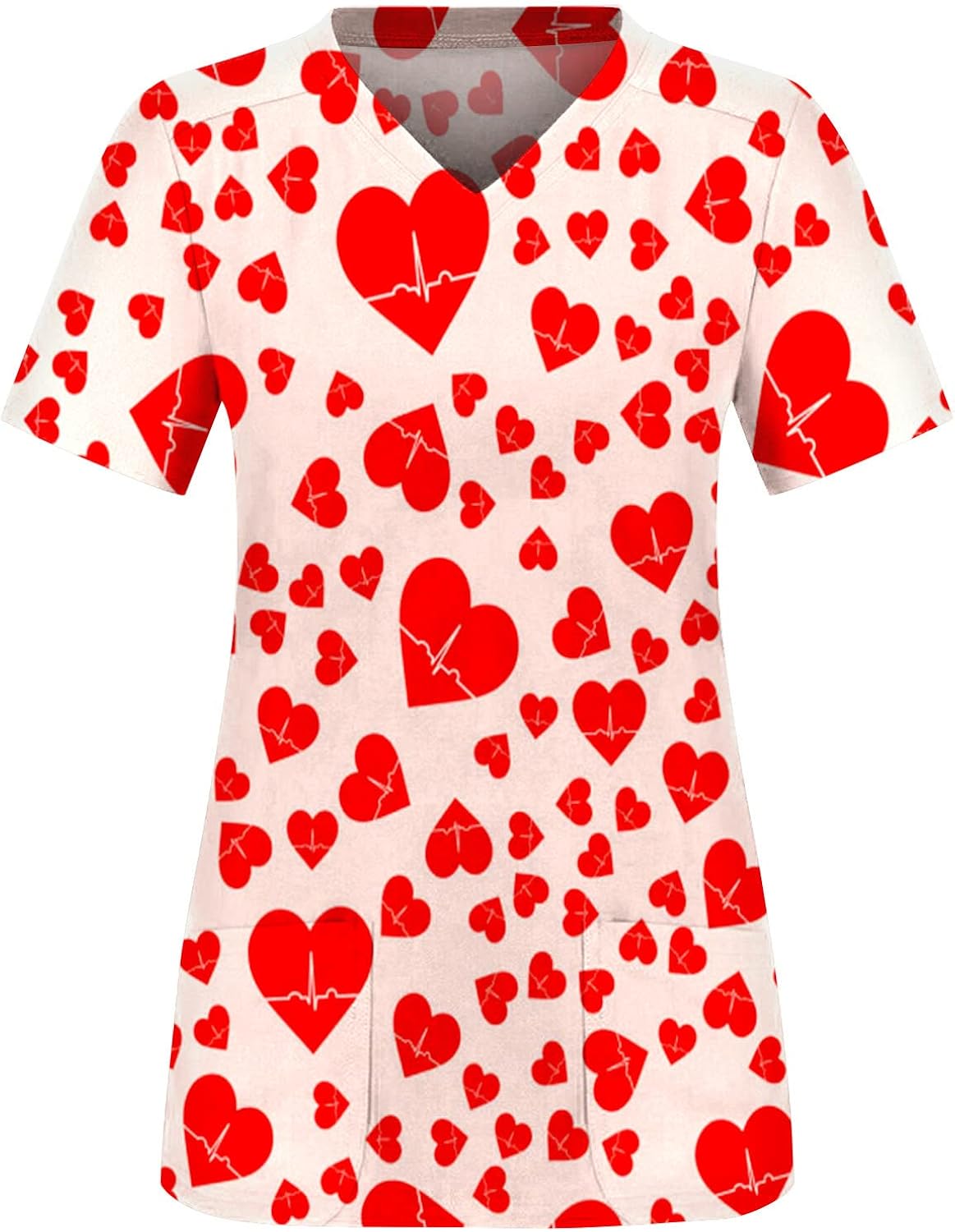 Womens V Neck Scrubs Tops Fashion Valentine's Day Heart Print Short Sleeve Blouses Casual Cozy Nurse Uniforms T Shirts