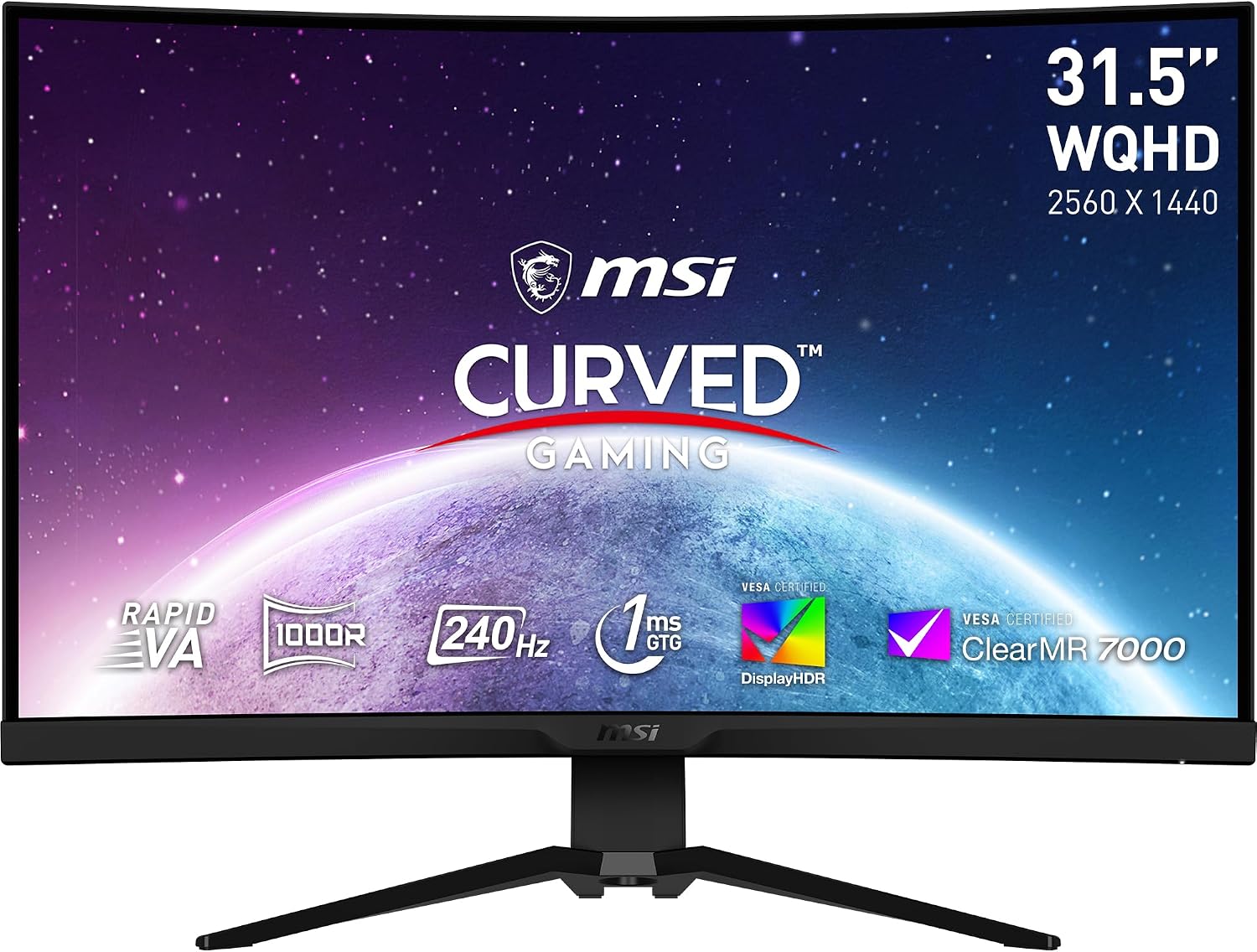 MSI MAG325CQRXF, 32 Rapid VA Gaming Monitor, 2560 x 1440 QHD Curved Gaming Monitor, 1 ms, 240Hz, FreeSync, HDR400, 1000R, HDMI, DisplayPort, Tilt and Height Adjustable.,Black