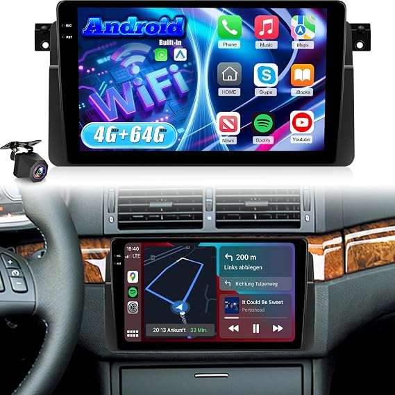 [4+64G] NHOPEEW Car Radio for BMW 3 Series E46 1999-2005 with Wireless Carplay and Android Auto - 9 Inch Touchscreen Android Car Stereo - GPS / WiFi / EQ Audio / SWC / Mirror Link + AHD Backup Camera