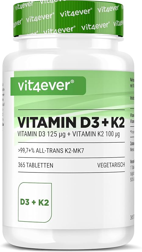 Vitamin D3 + K2 Depot - 365 Tablets - Premium Raw Material: 99.7+% All-Trans (K2VITAL® by Kappa) - With 5000 IU Vitamin D3 per Tablet - Laboratory Tested - High Dose 100 μg vitamin K2 MK7 made from lanolin vegetarian premium quality without unnecessary additives laboratory tested