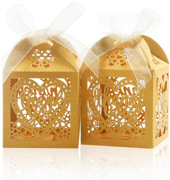 COTOPHER Laser Cut Boxes 60pcs 2 x 2 x 2.75in Mini Thank You Gift Boxes Wedding Party Favor Boxes Lace Candy Boxes for Wedding Bridal Shower Baby Shower Birthday Party Decorations with Ribbons