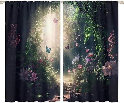 Enchanted Forest Blackout Window Curtain Fairytale Forest Spring Sunshine Butterfly Floral for Kids Boy Girl Baby Bedroom Nursery Living Room Decor Drapes 2 Panels 72x63in, Style-2