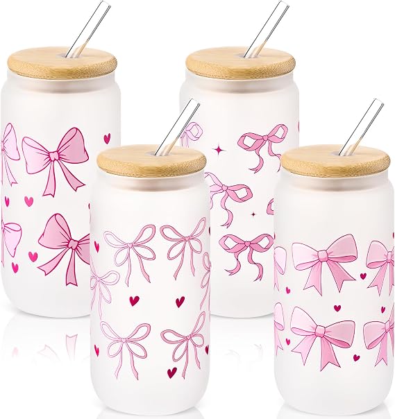 4 Pcs Coquette Pink Bow Glass Cups 16 oz Tumbler with Lid Straw