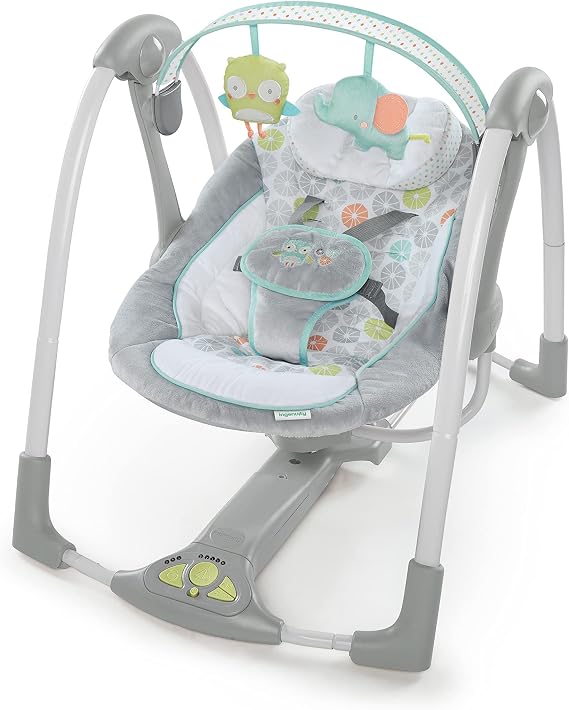 Ingenuity - Swing 'n Go Taşınabilir Salıncak - Sarılmalar ve Hoots, 5 Salıncak Hızı, 8 Yatıştırıcı Melodi, Çıkarılabilir Oyuncak Çubuğu, Yenidoğan ve Üzeri, Gri
