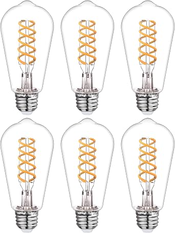ST58 Edison LED Bulbs 6W Warm White, Dimmable Plastic Vintage Lights, 6-Pack, Energy Efficient, Retro Style for Home & Cafe Lighting