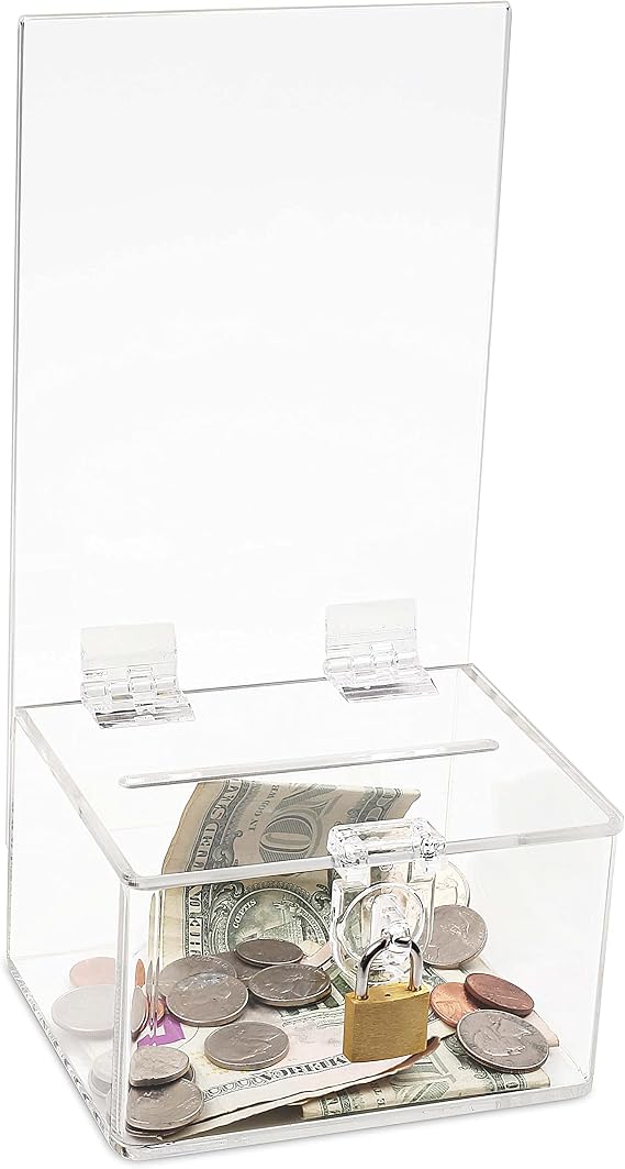Acrylic Charity Donation Ballot box Fundraising Coin collection Tip box 5 x 3 office Suggestion Box Piggy Bank ticket bucket with 7 x 5 Display area with padlock