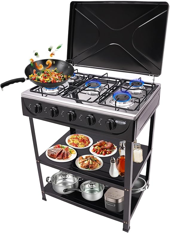 5 Burners Natural Gas Stove, Freestanding Portable Outdoor Natural Outdoor 2500W Gas Stove Cooking Tool W/2 Tiers Storage Rack & 5 Fire Adjustment Knobs for Camping Picniccamping Trips & RV (Black)