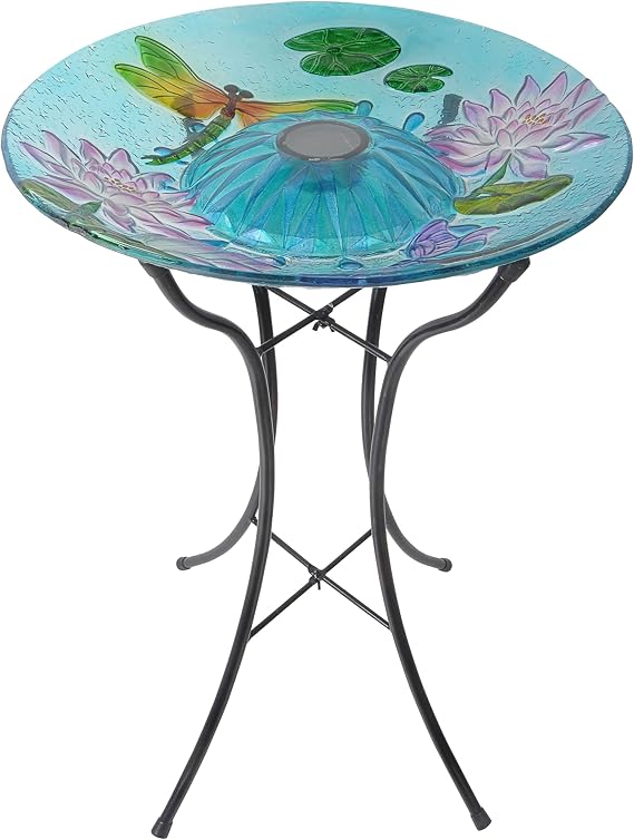 Teamson Home Handpainted Dragonfly Fusion Glass Solar Birdbath Bowl Feeder with LED Light for Outdoor Patio Garden Backyard Decking Decor, 21 Inch Height, Light Blue