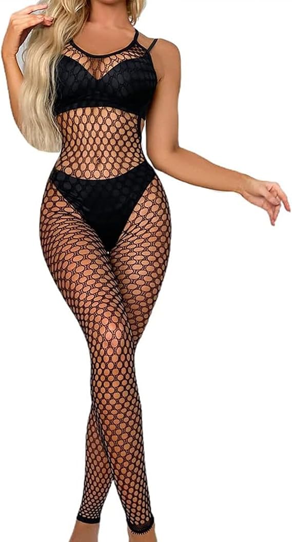XIUSEMY Women Sexy Lingerie Full Body Bodysuits V Neck Mesh Fishnet Stockings Nightwear