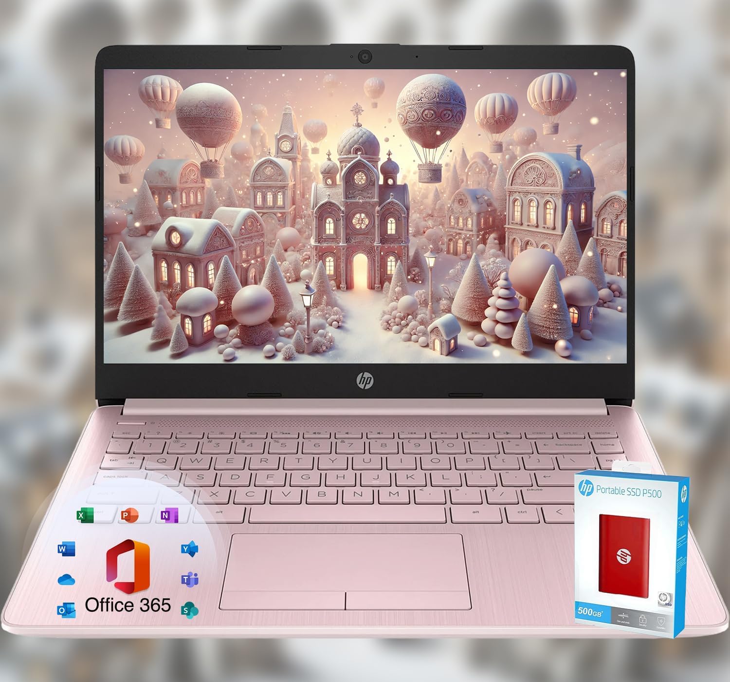 HP 14 Laptop • Back to School Limited Edition with Microsoft 365 • 4-Core Intel CPU • 8GB RAM •1600GB Storage 64GB OnBoard  512GB P500 Portable SSD  1TB OneDrive • Pink • Win 11