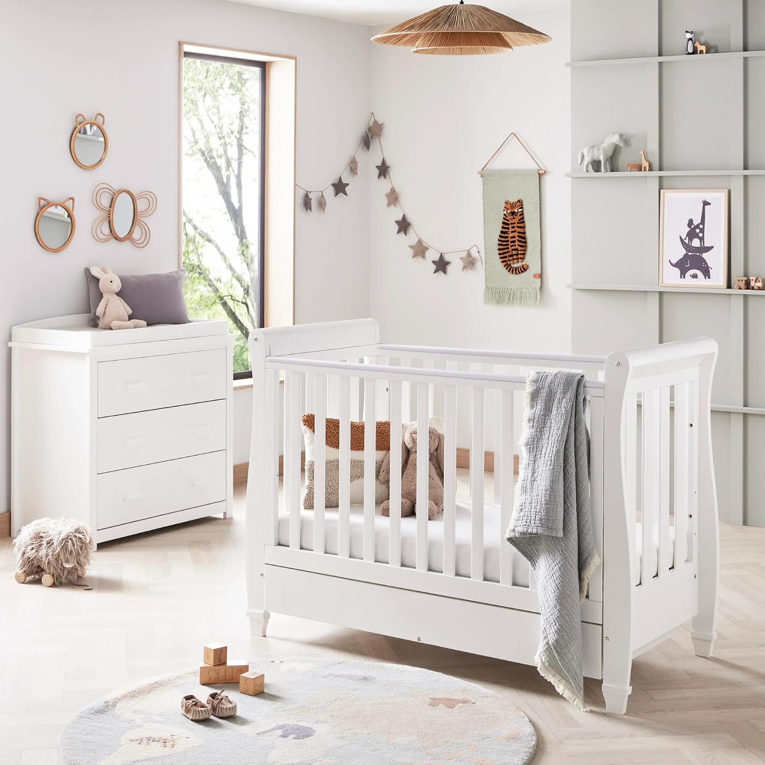 Babymore Eva 2 Piece Nursery Room Set White - 1 Baby Cot Bed & 1 Chest Changer With 3 Double Handle Drawers, Wooden Chest Of Drawer Storage Cabinet | 2 Piece Nursery Room Furniture White