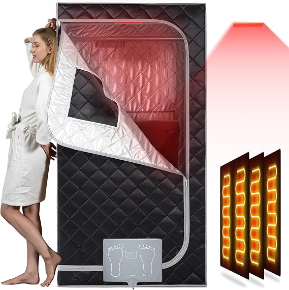 Smartmak Portable Infrared Sauna Box with 660nm Red Light Therapy Lamp for Home, Personal Indoor Full Body Dry Sauna Spa Tent, Relax Saunas with 6 Heaters, Heated Foot Pad, Remote, Chair, Greyborder