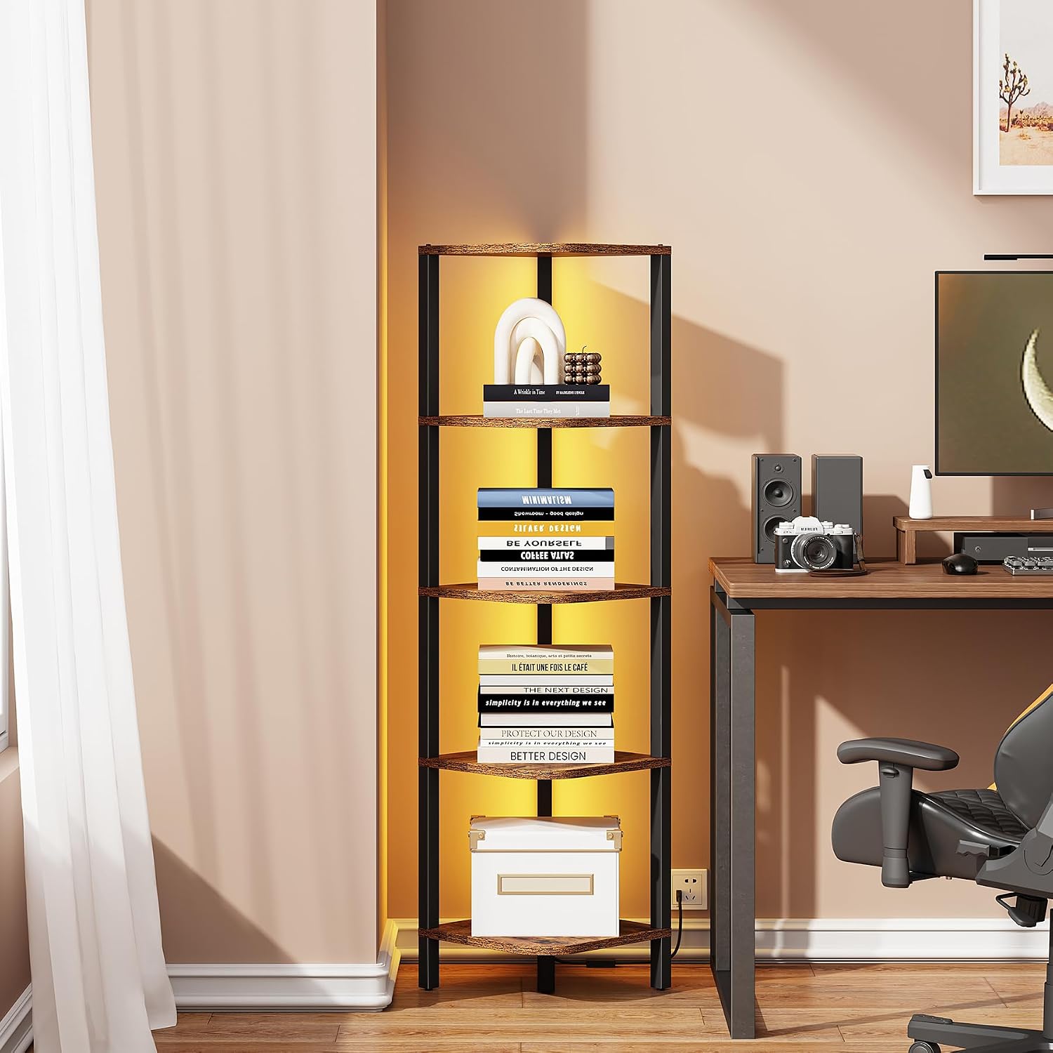 TUTOTAK Corner Shelf with LED Light, 5-Tier Corner Bookshelf for Small Space, Narrow Display Corner Shelf Stand with Storage Rack, for Living Room, Bedroom, Rustic Brown BS08BB005L