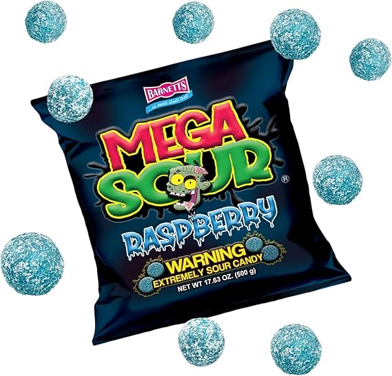 Barnetts - Mega Sour Candy Raspberry 500g - Trendy Sweet Bags - Traditionally Handmade Sweets - Sour Coating Lasts 20 Seconds - Candies for Party Bag, Gift Hamper, or Hamper Box