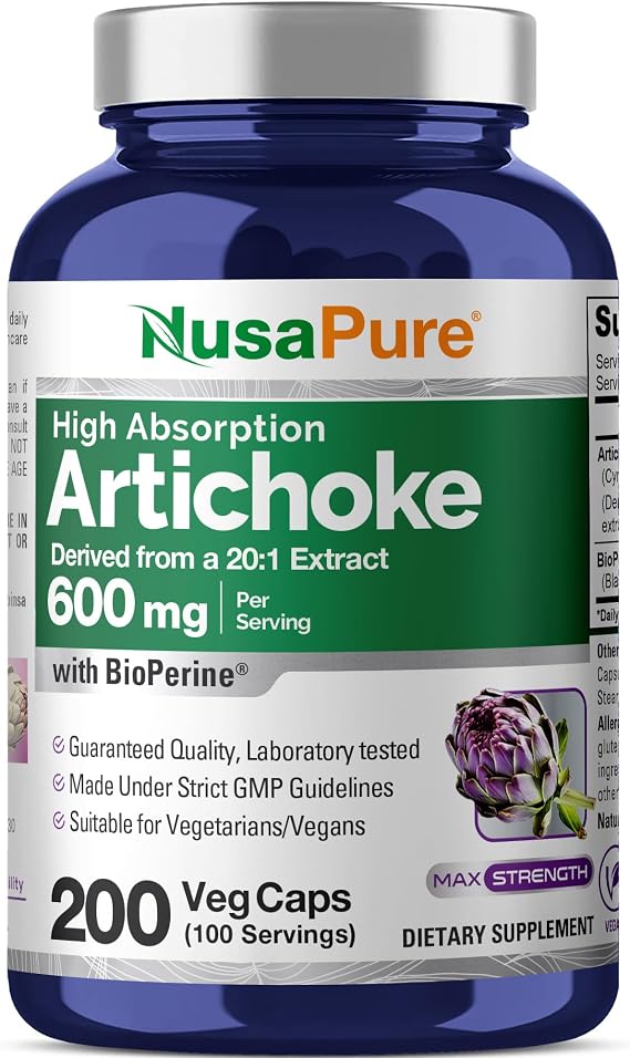 NusaPure Artichoke Capsules, 600 mg, 200 Veg Capsules (Non-GMO, Gluten Free)