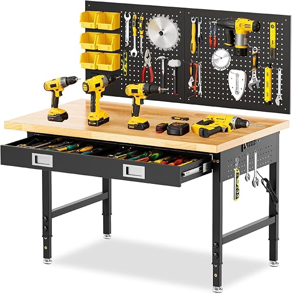 48" Workbench with Drawers, Adjustable Height Work Bench 2000 LBS Heavy-Duty Work Table Rubber Wood Work Station with Power Outlet & Pegboard for Garage, Office, Workshop, Home, Party Shop