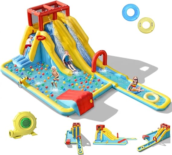 BOUNTECH Inflatable Water Slide, Dual Slides Kids Water Slide Park Bouncy Castle w/950W Blower, 2 Swimming Rings, Large Splash Pool, Backyard Blow up Water Slides Inflatables for Big Kids 3-12 Outdoor