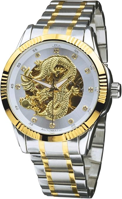 Daniel Steiger Dragon Automatic Men's Watch - Golden Chinese Dragon Dial with White Surround - Crystal Hour Markers - Two-Tone Gold & Steel Finish