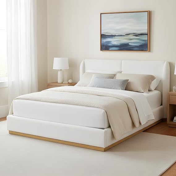 Queen Upholstered Wingback Bed Frame, Boucle Bed Frame with Enclosed Wood Base, Modern Upholstered Platform Bed with Slats, No Box Spring Needed, White