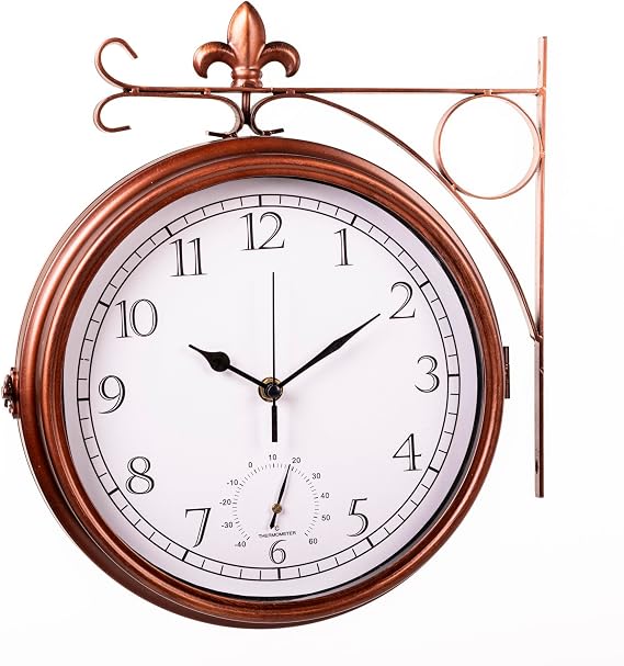 Garden Gear Wyevale Double-Sided Station Clock with Thermometer, Weatherproof Copper Garden Wall Clock, Fleur-De-Lis Design, Powder-Coated Steel, 30 x 9.5 x 34cm