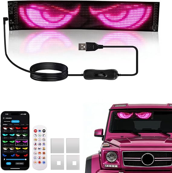 Devil Eyes Light for Car,14.57"x3.62" LED Sign Soft Screen Dynamic Flexible LED Programmable Display,USB 5V APP Control Custom Text/Pattern/Animation,for Car Window Parties Store Bars