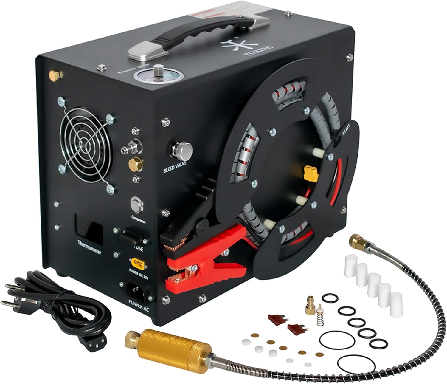 TUXING 4500 Psi Pcp Air Compressor Built-in Converter/Water Oil Filter Auto Stop Oil/Water Free Unique Vertical + Wire Coil Design Powered by 12 V or 220 V for Paintball/Scuba Tank