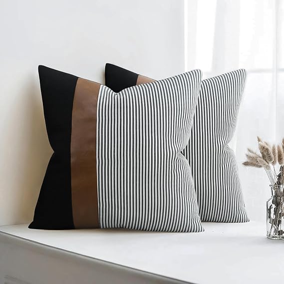 Modern Farmhouse Decorative Throw Pillow Covers 16x16 Set of 2 Black Striped Linen and Faux Leather Pillow Covers for Couch Sofa Bedroom Livingroom Neutral Accent Cozy Cushion Covers