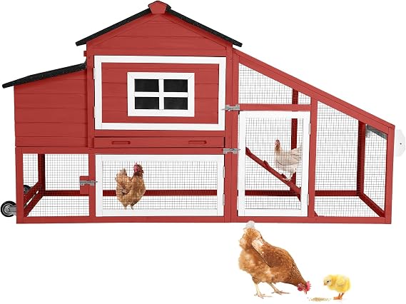 Chicken Coop, Mobile Chicken House with with Wheels, Outdoor Hen House Poultry Cage with Nesting Box, Leakproof Pull Out Tray and UV-Resistant Roof,Rabbit Hutch Duck Coop (Red)