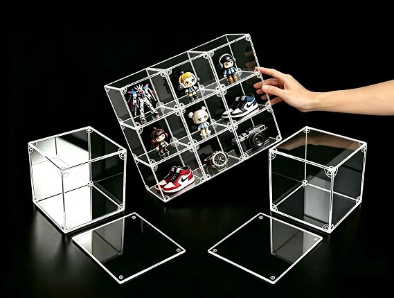 8"x8"x8" Stackable Acrylic Case, Mirrored Back, Magnetic Door & Step Riser