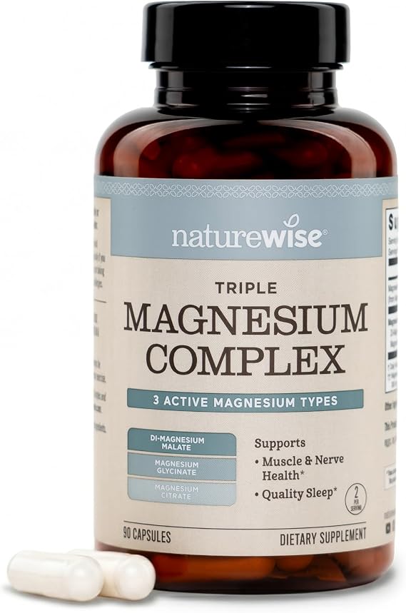 NatureWise Triple Magnesium Complex - Chelated - High Absorption Magnesium Glycinate + Malate + Citrate for Muscle Nerve & Sleep Support - Vegan 90 Capsules