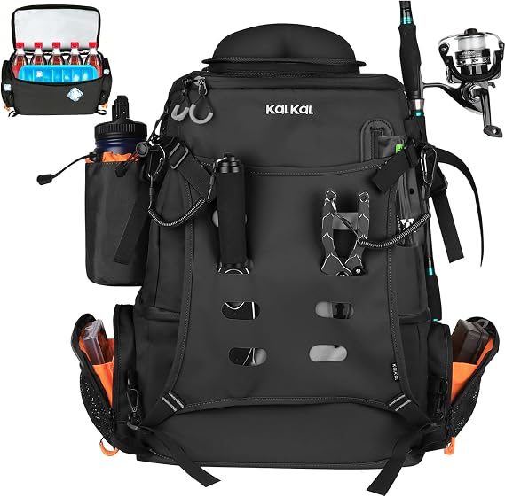 Kalkal Fishing Tackle Backpack, 51L Water-Resistant Fishing Backpack with Cooler & 4 Rod Holder, Sunglasses Pocket, Fishing Tackle Bag Storage Fishing Gear, Fishing Gifts for Men Father