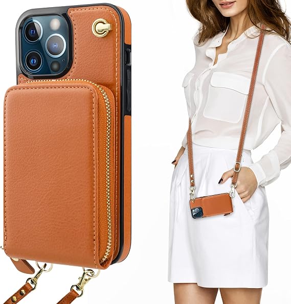 KIHUWEY Crossbody Wallet Case for iPhone 13 Pro Max, Zipper Pocket Case with Card Holder, PU Leather Protective Cover with Kickstand Detachable Wrist Strap Lanyard 6.7" (Brown)