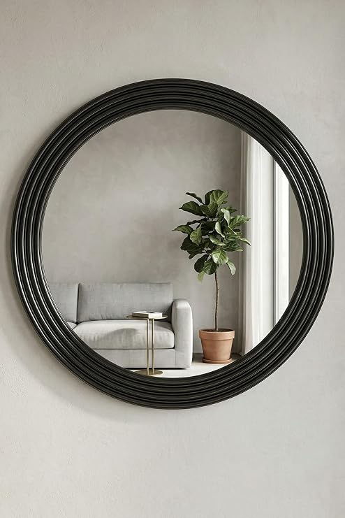 Zümrüt Siyah Dekoratif Ayna Yuvarlak Ayna Işlemeli Ahşap Duvar Aynası Tekli (57cm Ayna - 69cm Çerçeve)
