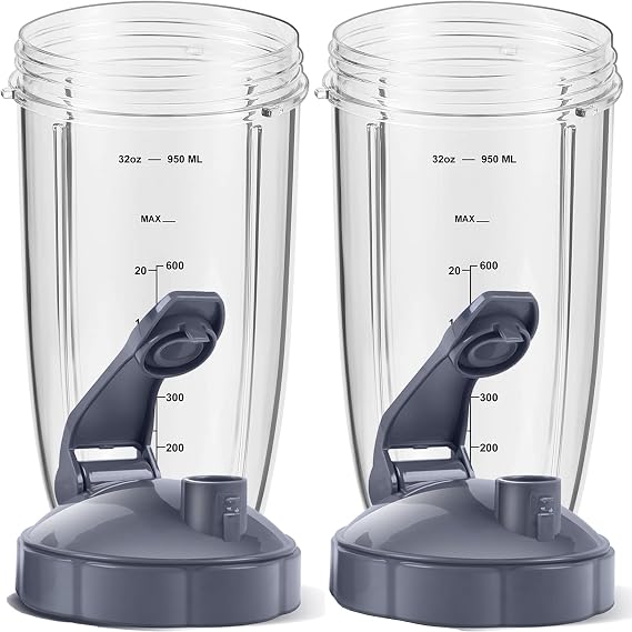 2-Pack 32oz Replacement Cups with Flip-Top To-Go Lids & Gaskets (4-Inch Diameter) ;Compatible with NutriBullet 600W/900W Series;NOT for Magic Bullet,Lean, RX