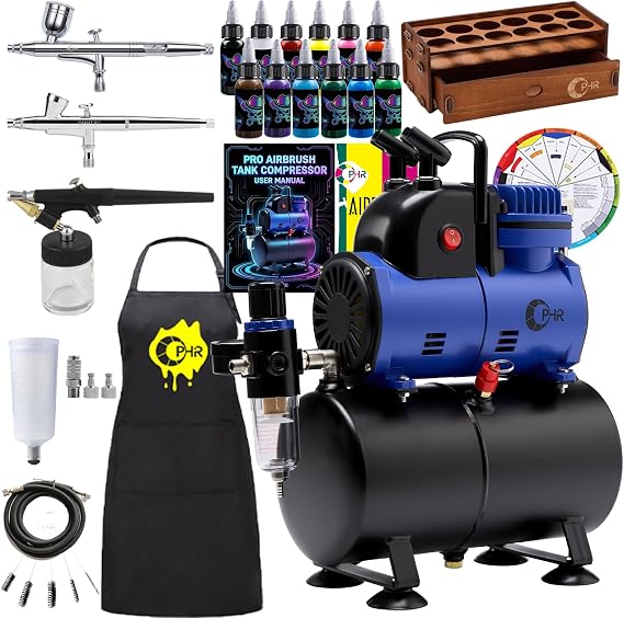 OPHIR Complete Airbrush Compressor with 3 Airbrushes, Tank, Paint & Holder
