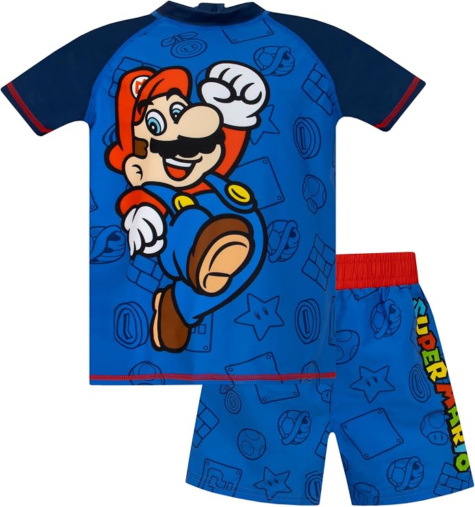 Super Mario Boys Swim Set | Two Piece Boys Swimming Costume | Gaming Kids Rash Vest and Swim Shorts | Ages 3 to 12 Years