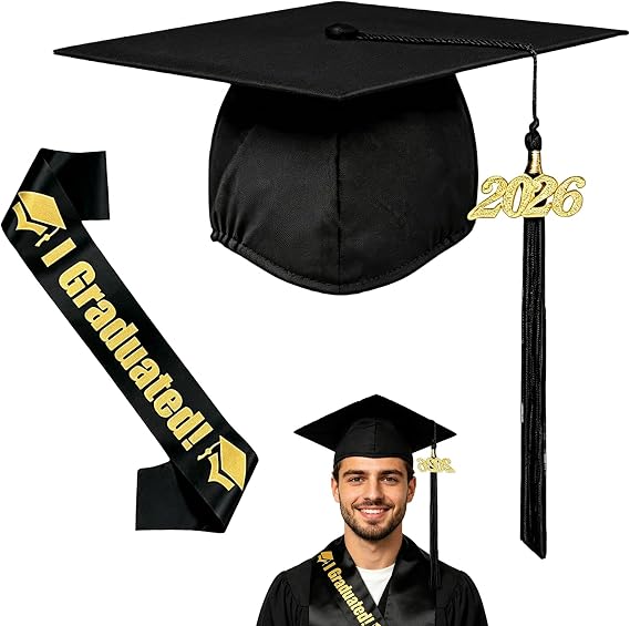 Graduation Cap and Gown Set, 2026 Graduation Hat Headband and Sash, University and High School Graduation Ceremony Attire, Class of 2026 Leavers Decorations, Black with Gold Lettering Design
