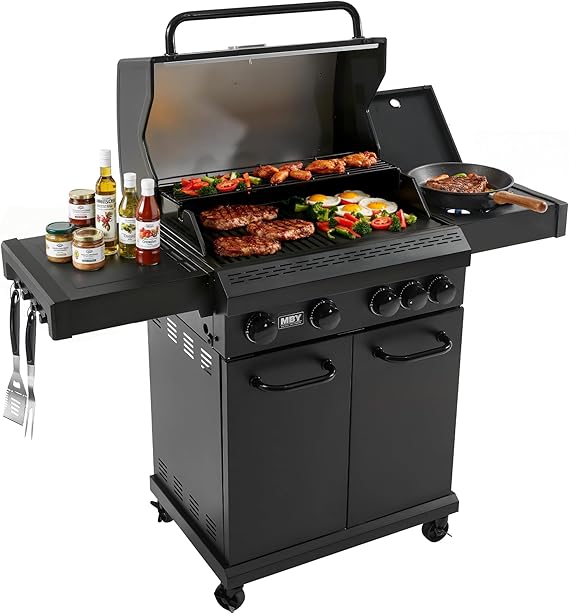 4 Burner Propane Gas Grill with 1 Side Burner, 50,000 BTU Outdoor BBQ Grill, Heavy-Duty Steel Construction, Cast Iron Cooking Grates & Griddle, Backyard Patio Barbecue