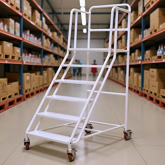 6-Steps Rolling Stairs with Wheels, Rolling Steps Ladder Industrial Warehouse Mobile Stairs, Non Slip Factory Pickup Shelf, Supermarket Climbing Ladder for Garage, Library (white, 6 Steps)