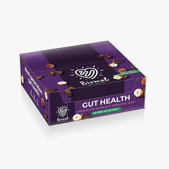 Biomel Prebiotic Gut Health Bars - Natural Ingredients - High Fibre - 45% Less Sugar - 12 Bars (Chocolate Hazelnut)